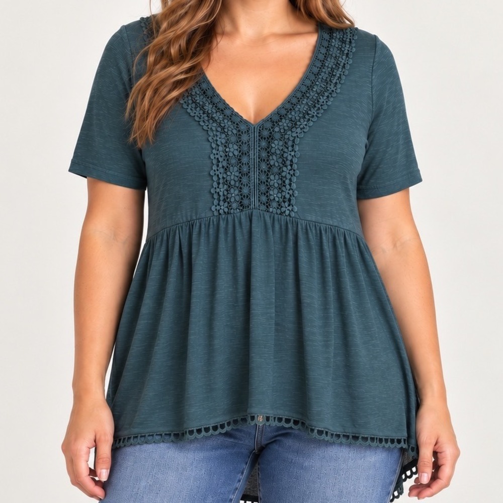 Torrid Super Soft Teal Crochet Lace Babydoll Top 0 Plus Boho Peplum Tunic